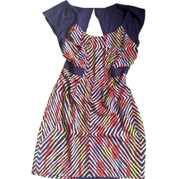 BCBGeneration Dress Multicolor Geometric Print Cap Sleeve Cutout Back Sz 10 #48i - Picture 2 of 9